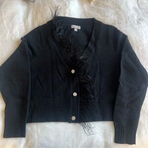 EUC j. crew black feather trim cardigan